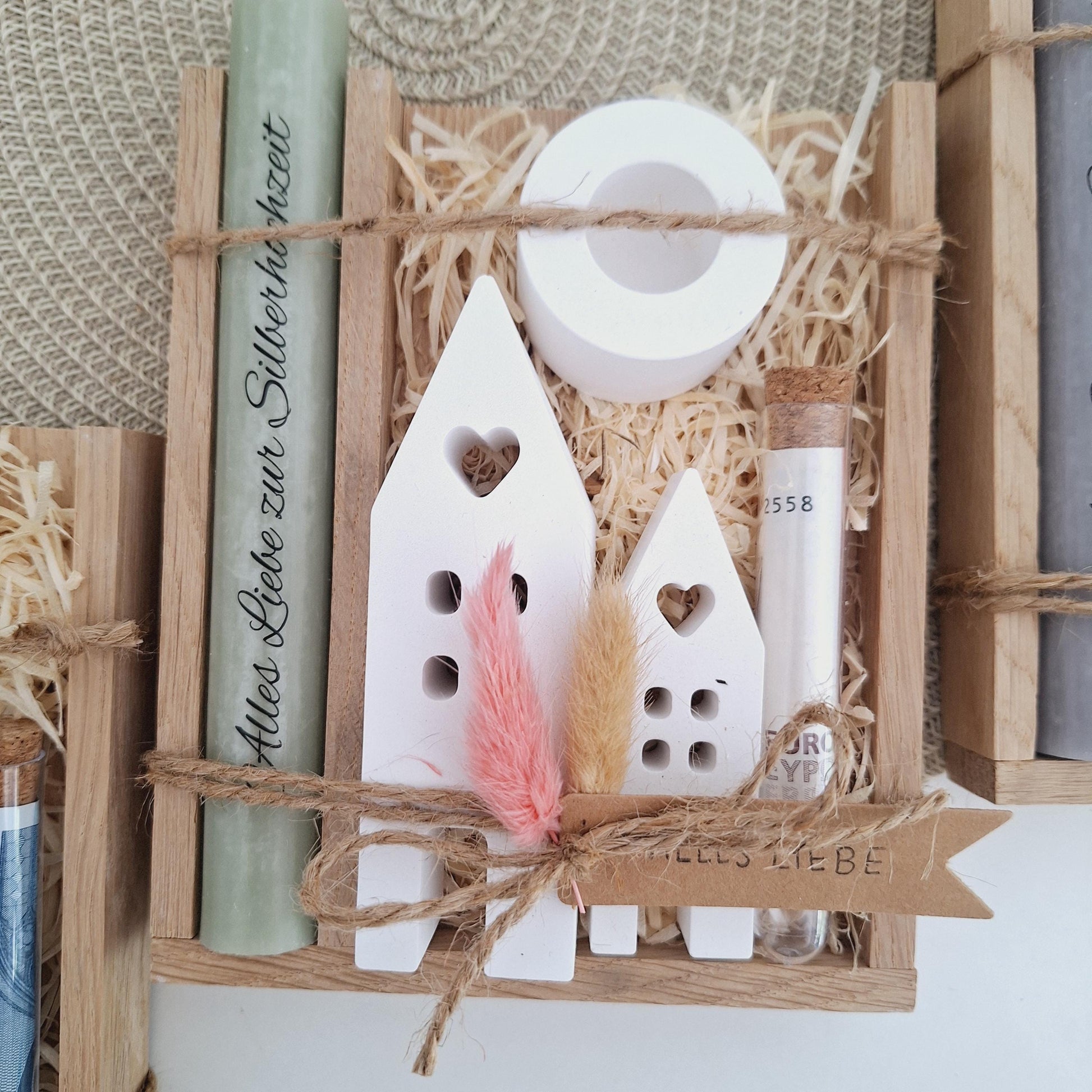 Silberhochzeit Geldgeschenk Silberhochzeitsgeschenk Häuser / Lichthäuser Kerzenhalter rund Geschenkset Gutschein Kerzenset Stabkerze Kerzenbox