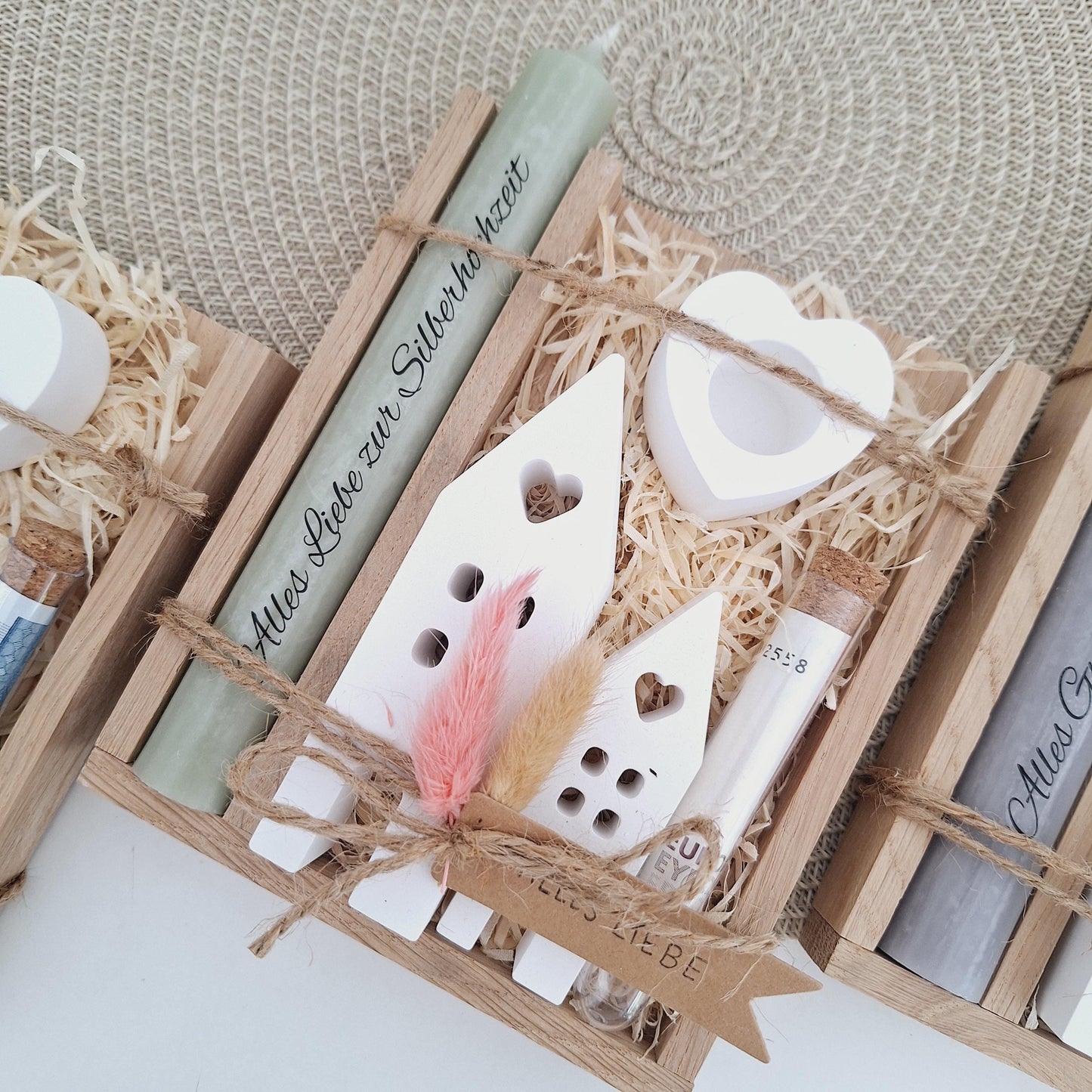 Silberhochzeit Geldgeschenk Silberhochzeitsgeschenk Häuser / Lichthäuser Kerzenhalter Herz Geschenkset Gutschein Kerzenset Stabkerze Kerzenbox