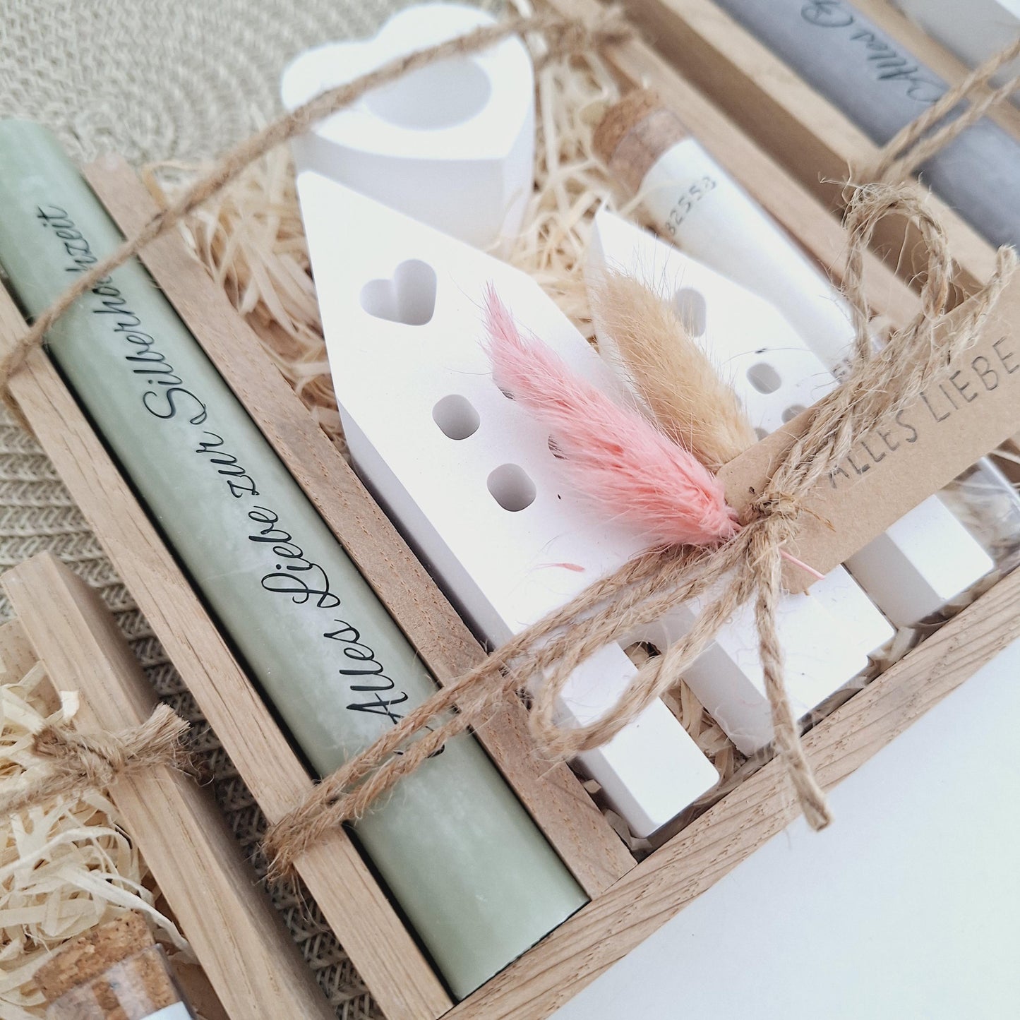 Silberhochzeit Geldgeschenk Silberhochzeitsgeschenk Häuser / Lichthäuser Kerzenhalter Herz Geschenkset Gutschein Kerzenset Stabkerze Kerzenbox
