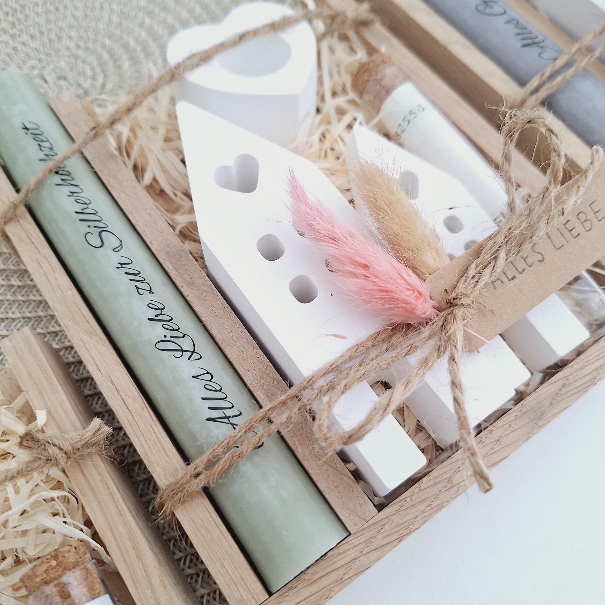 Silberhochzeit Geldgeschenk Silberhochzeitsgeschenk Häuser / Lichthäuser Kerzenhalter Herz Geschenkset Gutschein Kerzenset Stabkerze Kerzenbox