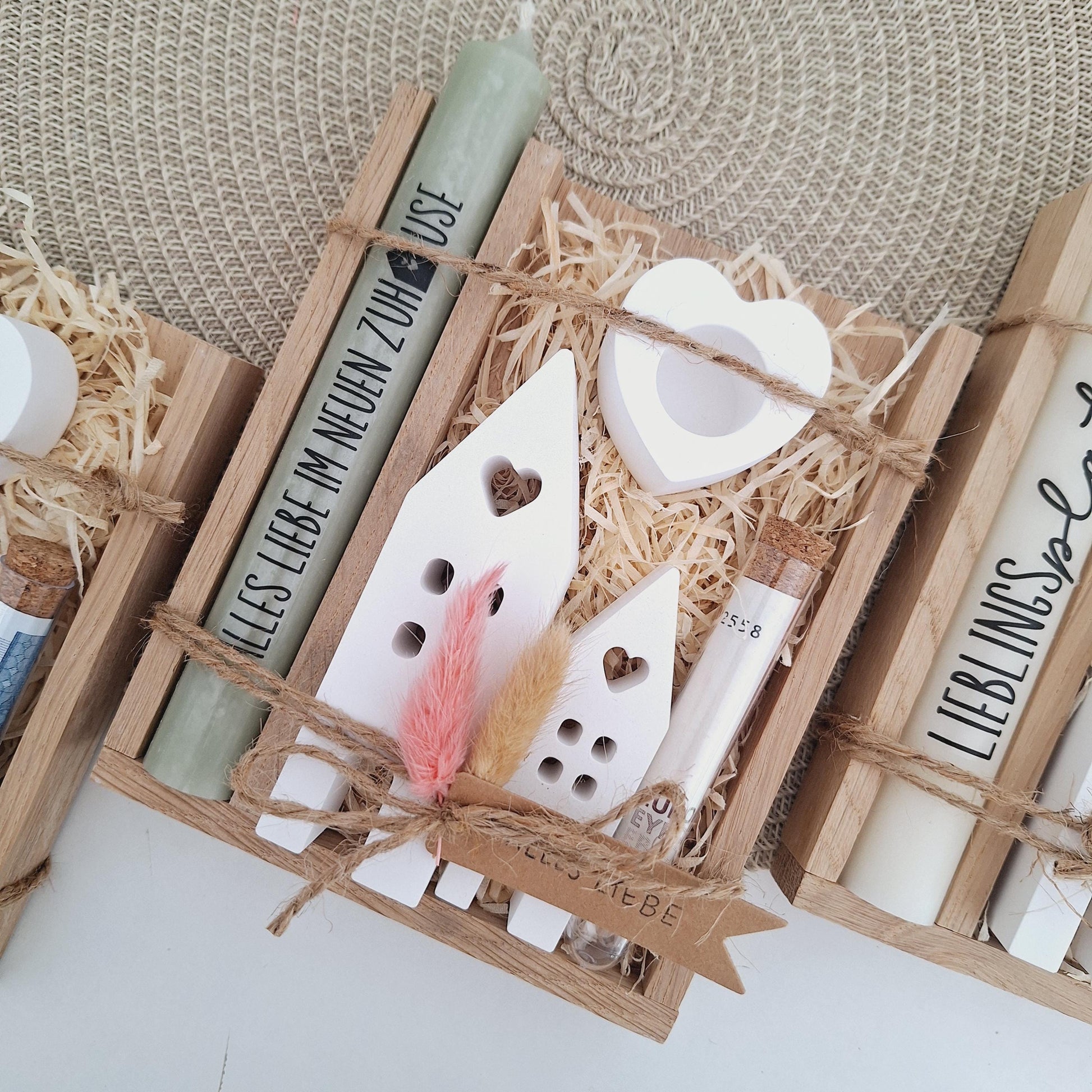 Einzugsgeschenk Geldgeschenk Einweihungsgeschenk Geschenkset zum Umzug Einzug Häuser / Lichthäuser Kerzenhalter Herz zum Hauskauf Richtfest