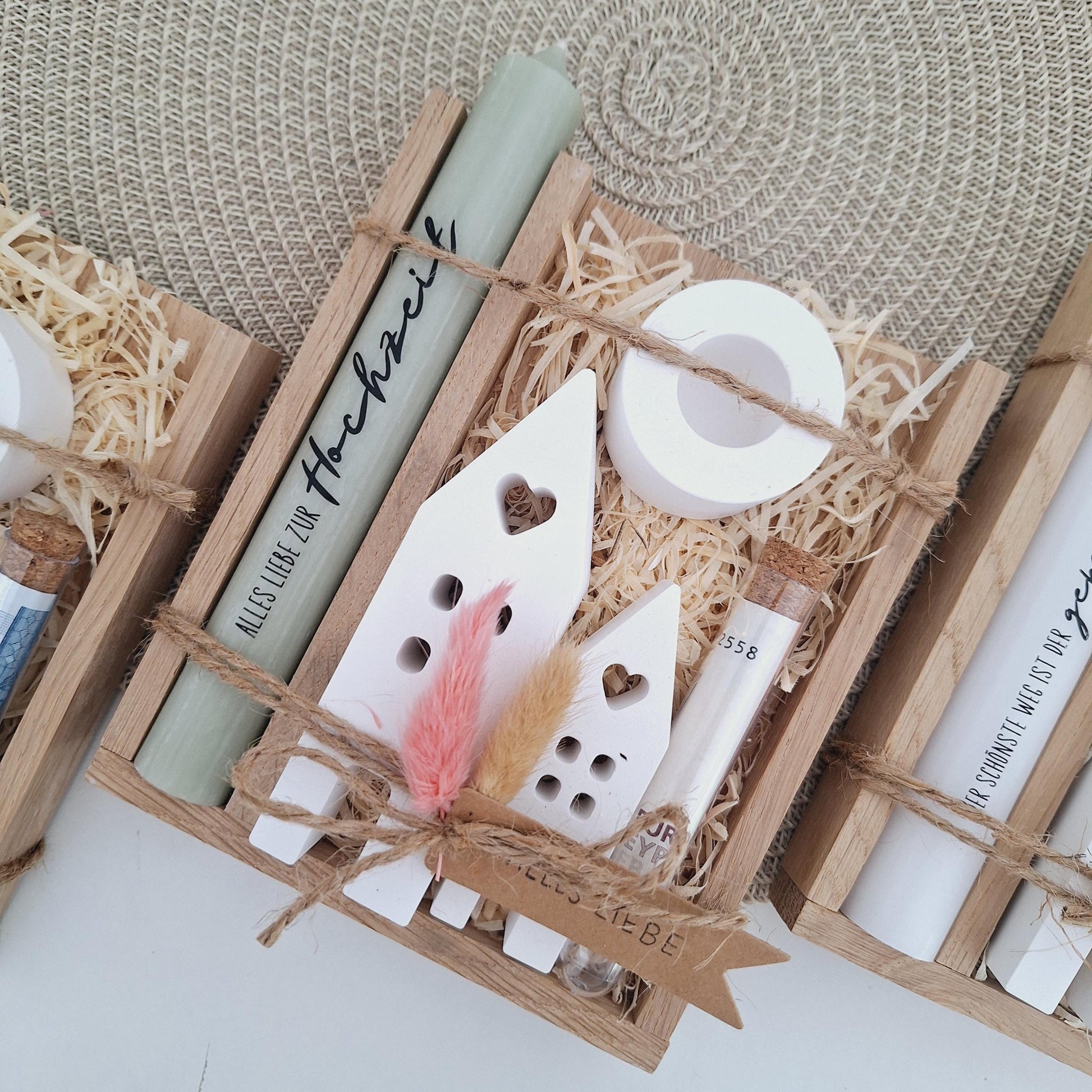 Hochzeit Geldgeschenk Hochzeitsgeschenk Häuser / Lichthäuser Kerzenhalter rund Geschenkset Gutschein Kerzenset Stabkerze Kerzenbox Holzbox
