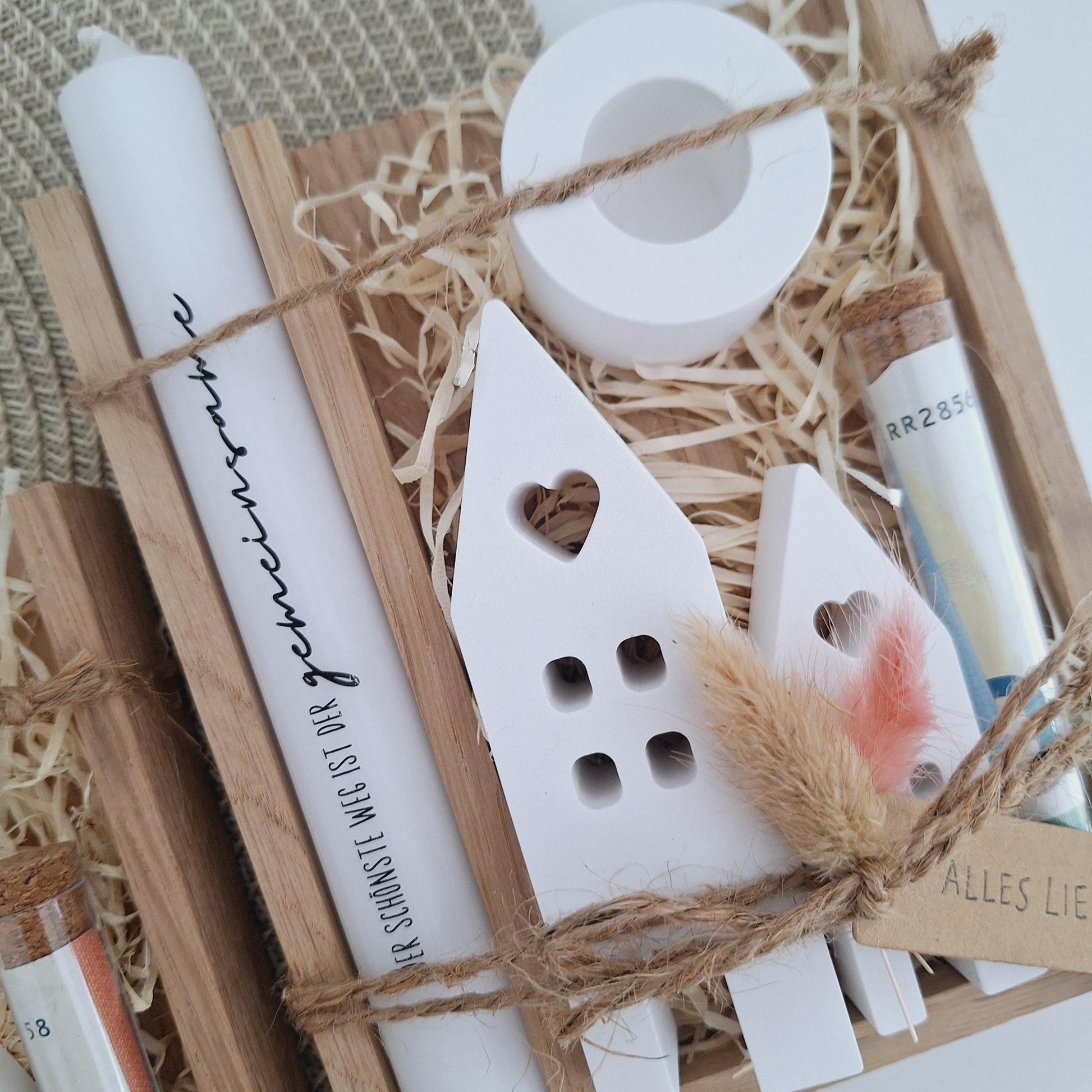 Hochzeit Geldgeschenk Hochzeitsgeschenk Häuser / Lichthäuser Kerzenhalter rund Geschenkset Gutschein Kerzenset Stabkerze Kerzenbox Holzbox