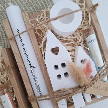Hochzeit Geldgeschenk Hochzeitsgeschenk Häuser / Lichthäuser Kerzenhalter rund Geschenkset Gutschein Kerzenset Stabkerze Kerzenbox Holzbox