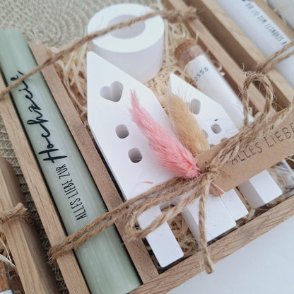 Hochzeit Geldgeschenk Hochzeitsgeschenk Häuser / Lichthäuser Kerzenhalter rund Geschenkset Gutschein Kerzenset Stabkerze Kerzenbox Holzbox