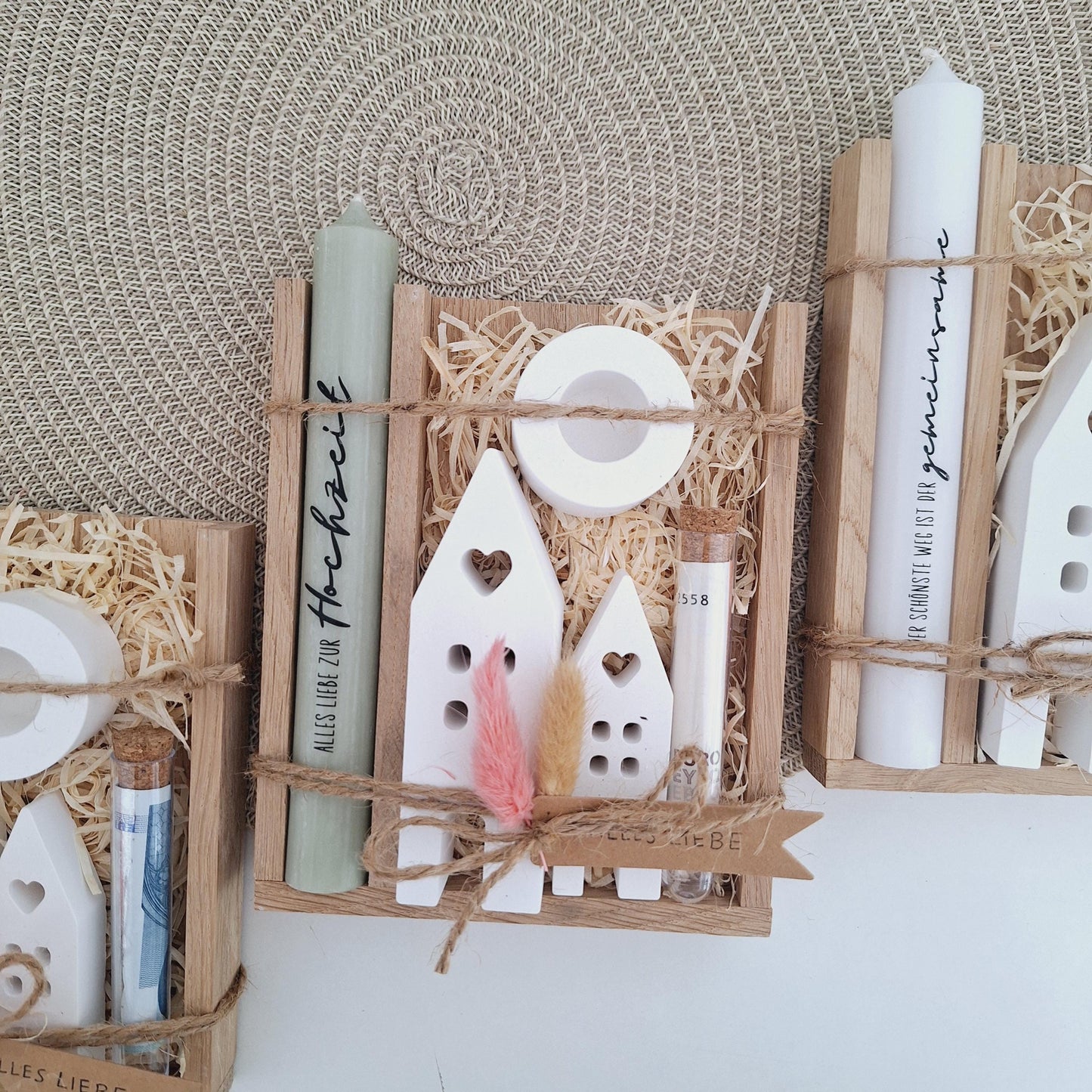 Hochzeit Geldgeschenk Hochzeitsgeschenk Häuser / Lichthäuser Kerzenhalter rund Geschenkset Gutschein Kerzenset Stabkerze Kerzenbox Holzbox