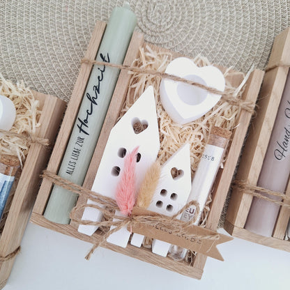 Hochzeit Geldgeschenk Hochzeitsgeschenk Häuser / Lichthäuser Kerzenhalter Herz Geschenkset Gutschein Kerzenset Stabkerze Kerzenbox Holzbox