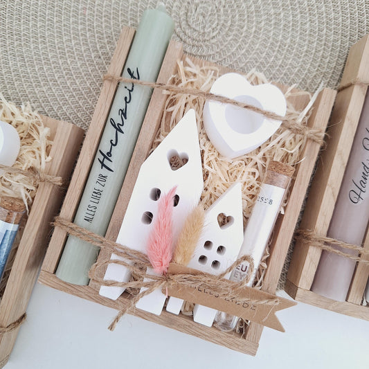 Hochzeit Geldgeschenk Hochzeitsgeschenk Häuser / Lichthäuser Kerzenhalter Herz Geschenkset Gutschein Kerzenset Stabkerze Kerzenbox Holzbox