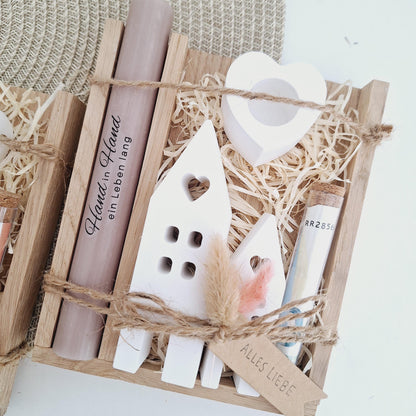 Hochzeit Geldgeschenk Hochzeitsgeschenk Häuser / Lichthäuser Kerzenhalter Herz Geschenkset Gutschein Kerzenset Stabkerze Kerzenbox Holzbox
