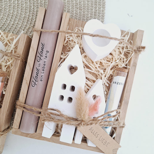 Hochzeit Geldgeschenk Hochzeitsgeschenk Häuser / Lichthäuser Kerzenhalter Herz Geschenkset Gutschein Kerzenset Stabkerze Kerzenbox Holzbox