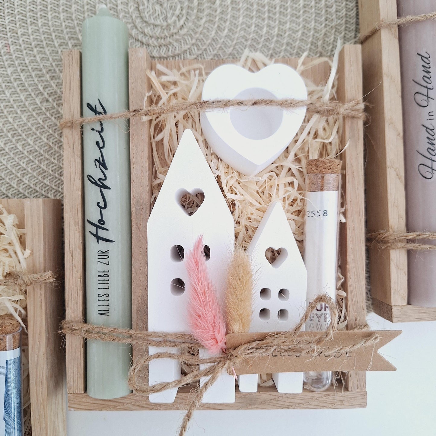 Hochzeit Geldgeschenk Hochzeitsgeschenk Häuser / Lichthäuser Kerzenhalter Herz Geschenkset Gutschein Kerzenset Stabkerze Kerzenbox Holzbox