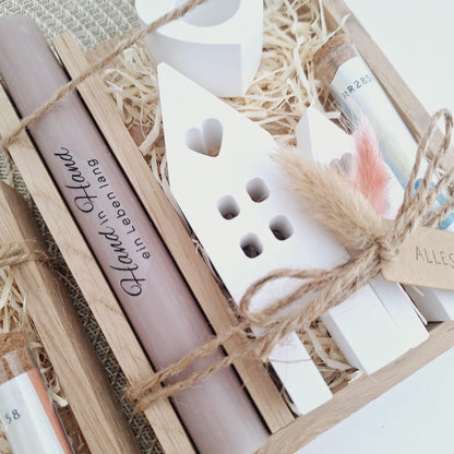 Hochzeit Geldgeschenk Hochzeitsgeschenk Häuser / Lichthäuser Kerzenhalter Herz Geschenkset Gutschein Kerzenset Stabkerze Kerzenbox Holzbox