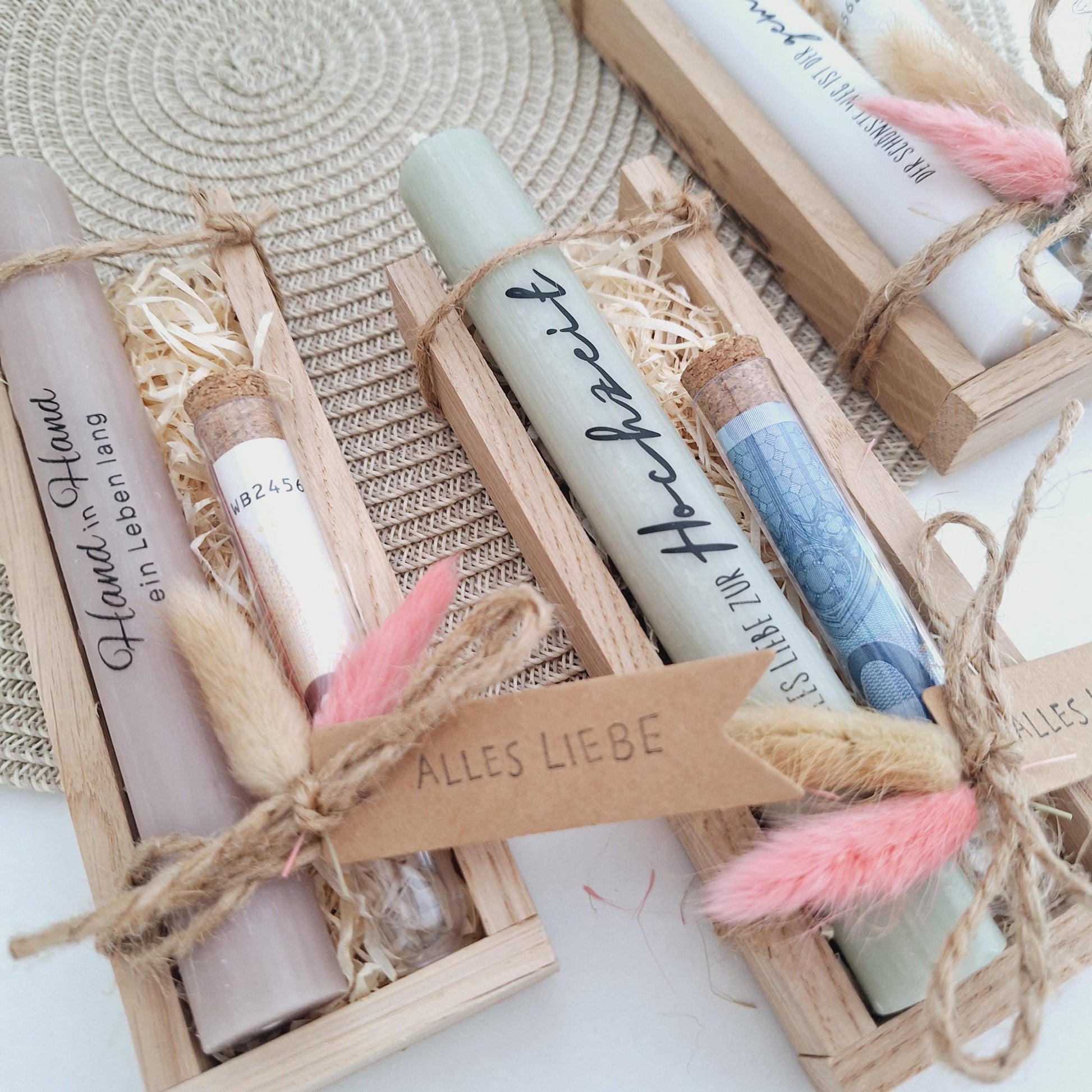Hochzeit Geldgeschenk Reagenzglas Hochzeitskerze Hochzeitsgeschenk Geschenkset Gutschein Kerzenset Stabkerze Kerzenbox Holzbox Brautpaar