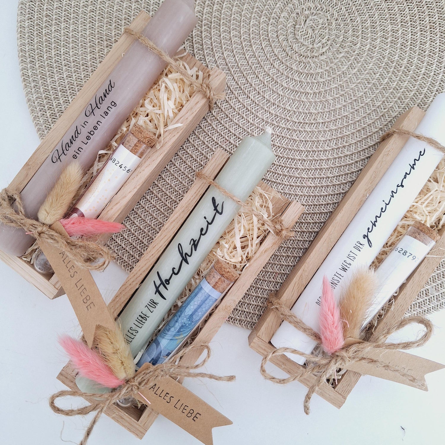 Hochzeit Geldgeschenk Reagenzglas Hochzeitskerze Hochzeitsgeschenk Geschenkset Gutschein Kerzenset Stabkerze Kerzenbox Holzbox Brautpaar