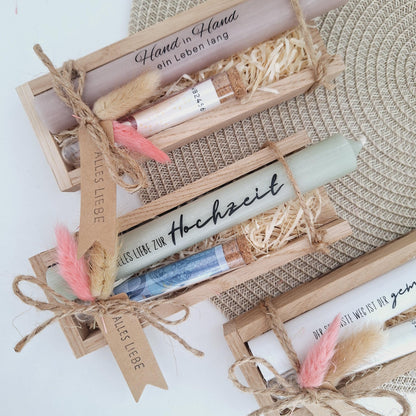 Hochzeit Geldgeschenk Reagenzglas Hochzeitskerze Hochzeitsgeschenk Geschenkset Gutschein Kerzenset Stabkerze Kerzenbox Holzbox Brautpaar