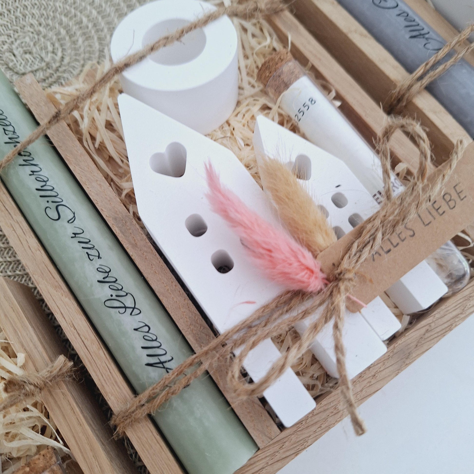 Silberhochzeit Geldgeschenk Silberhochzeitsgeschenk Häuser / Lichthäuser Kerzenhalter rund Geschenkset Gutschein Kerzenset Stabkerze Kerzenbox