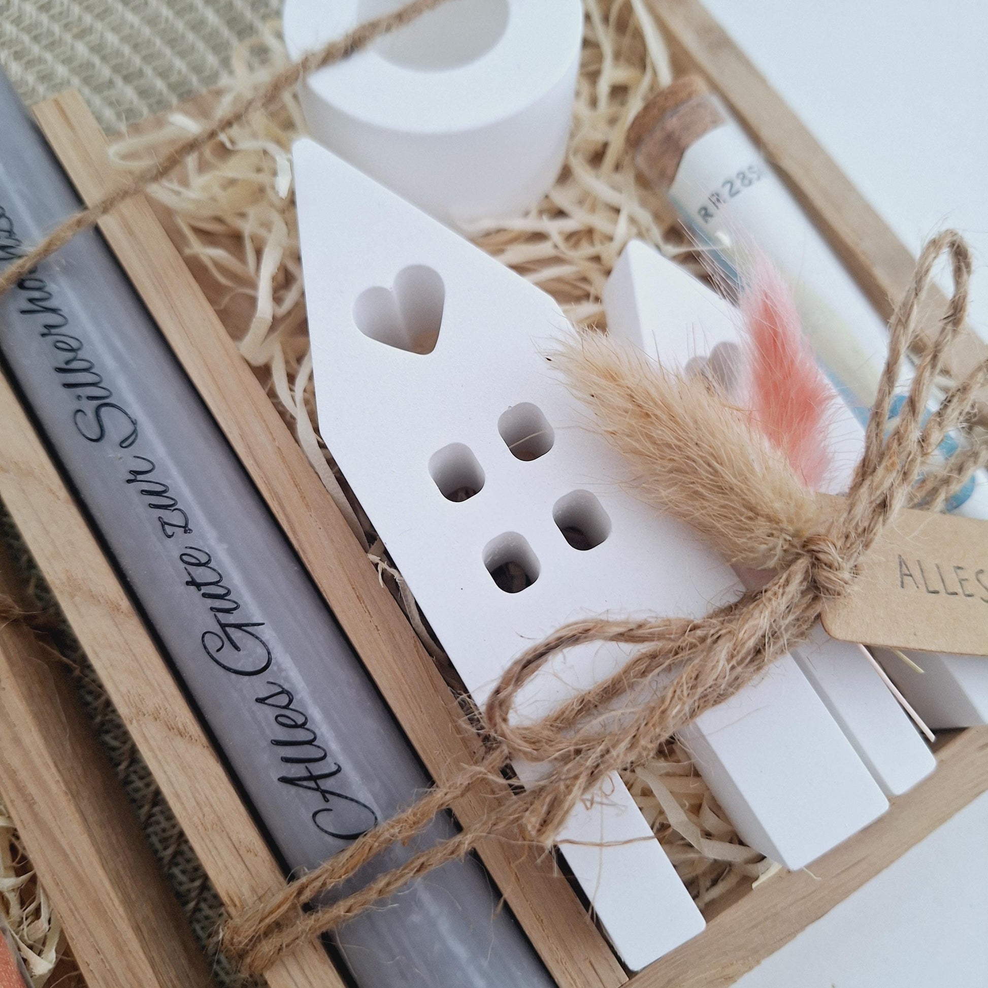 Silberhochzeit Geldgeschenk Silberhochzeitsgeschenk Häuser / Lichthäuser Kerzenhalter rund Geschenkset Gutschein Kerzenset Stabkerze Kerzenbox