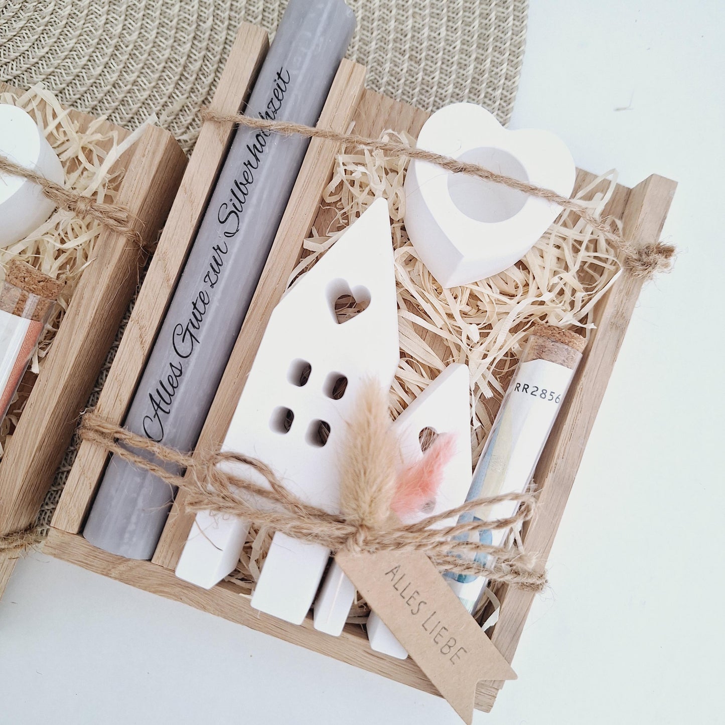 Silberhochzeit Geldgeschenk Silberhochzeitsgeschenk Häuser / Lichthäuser Kerzenhalter Herz Geschenkset Gutschein Kerzenset Stabkerze Kerzenbox