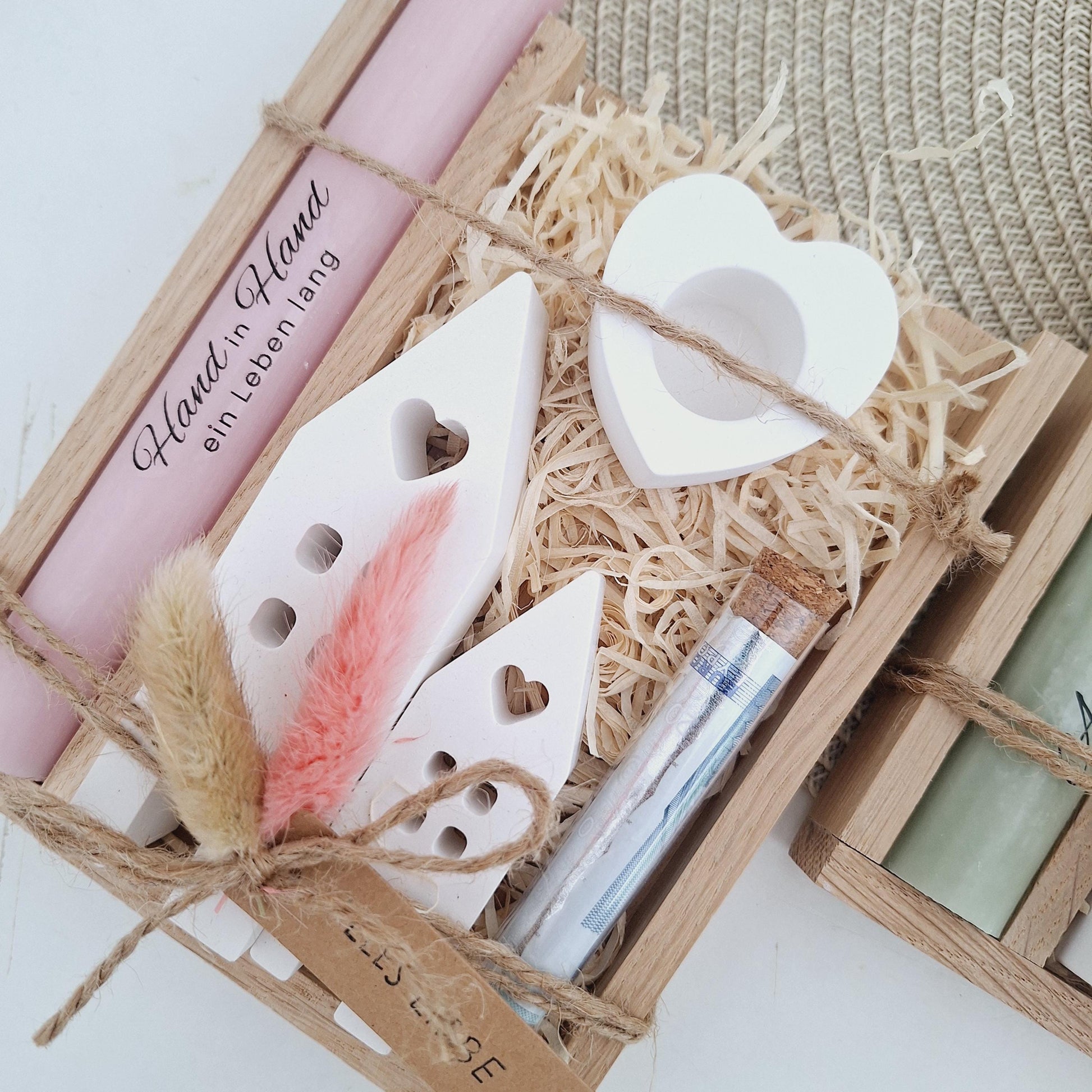 Silberhochzeit Geldgeschenk Silberhochzeitsgeschenk Häuser / Lichthäuser Kerzenhalter Herz Geschenkset Gutschein Kerzenset Stabkerze Kerzenbox