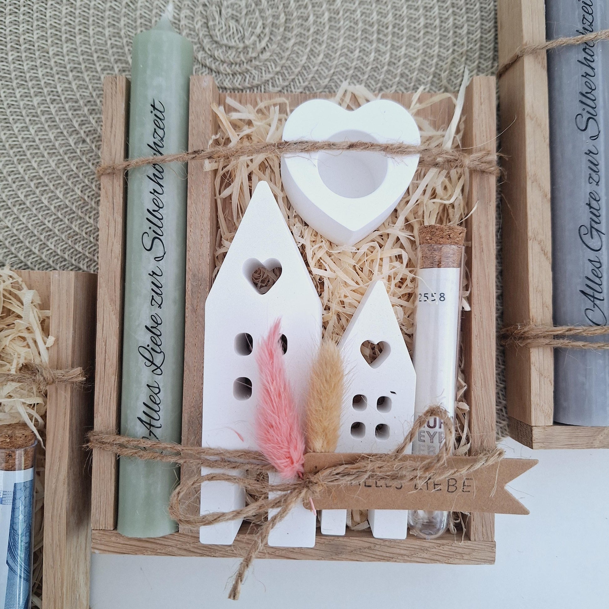 Silberhochzeit Geldgeschenk Silberhochzeitsgeschenk Häuser / Lichthäuser Kerzenhalter Herz Geschenkset Gutschein Kerzenset Stabkerze Kerzenbox