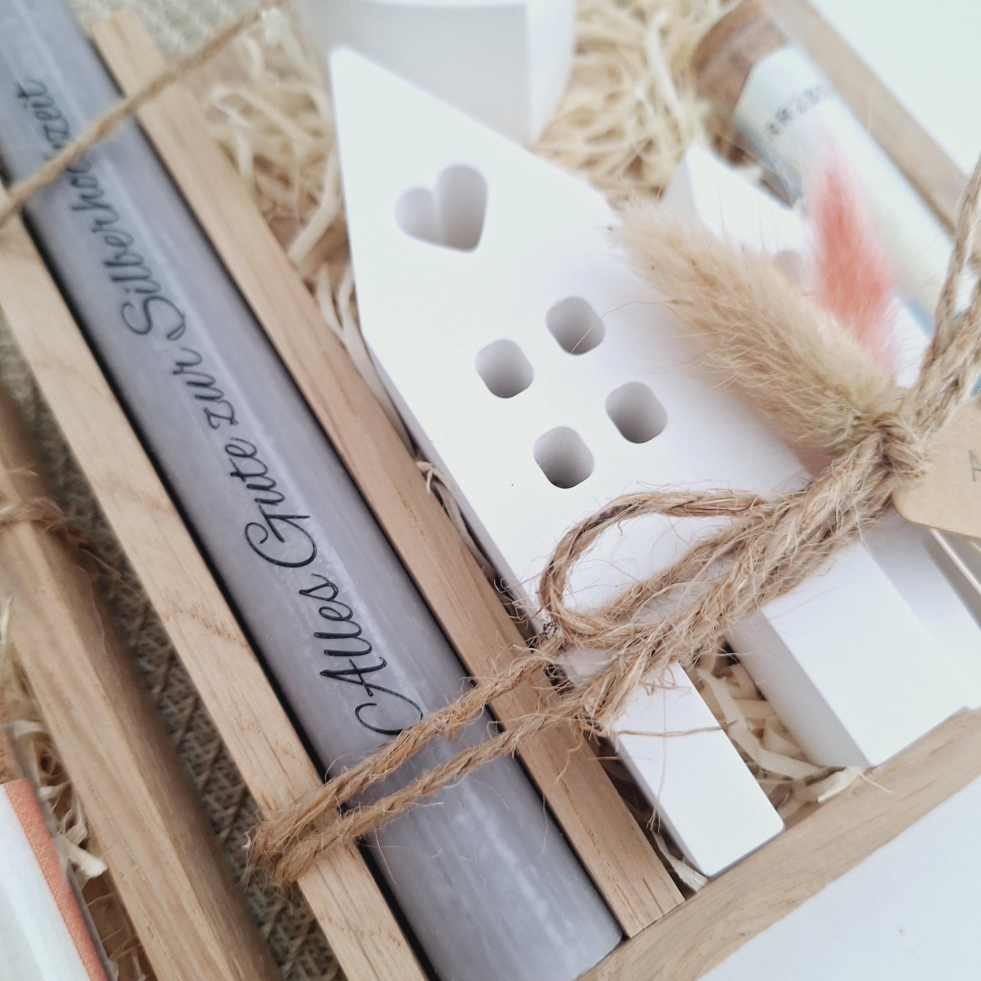 Silberhochzeit Geldgeschenk Silberhochzeitsgeschenk Häuser / Lichthäuser Kerzenhalter Herz Geschenkset Gutschein Kerzenset Stabkerze Kerzenbox