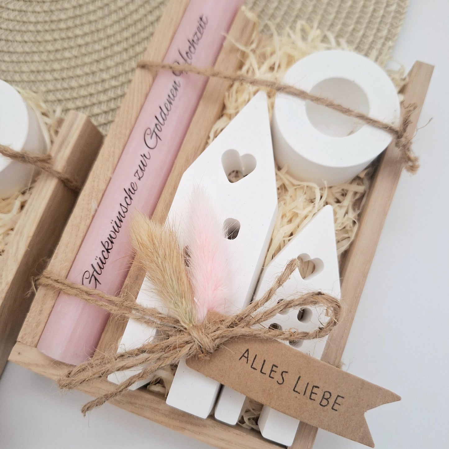 Goldene Hochzeit Geschenk zum 50. Hochzeitstag Häuser / Lichthäuser Kerzenhalter rund Stabkerze Kerzenbox Holzbox Mitbringsel