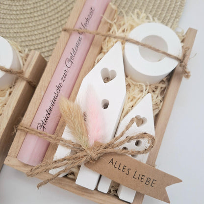 Goldene Hochzeit Geschenk zum 50. Hochzeitstag Häuser / Lichthäuser Kerzenhalter rund Stabkerze Kerzenbox Holzbox Mitbringsel