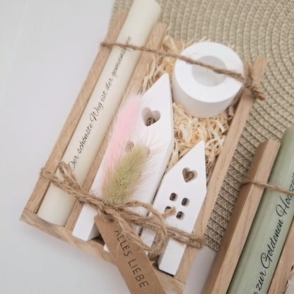 Goldene Hochzeit Geschenk zum 50. Hochzeitstag Häuser / Lichthäuser Kerzenhalter rund Stabkerze Kerzenbox Holzbox Mitbringsel
