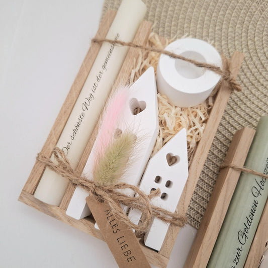 Goldene Hochzeit Geschenk zum 50. Hochzeitstag Häuser / Lichthäuser Kerzenhalter rund Stabkerze Kerzenbox Holzbox Mitbringsel