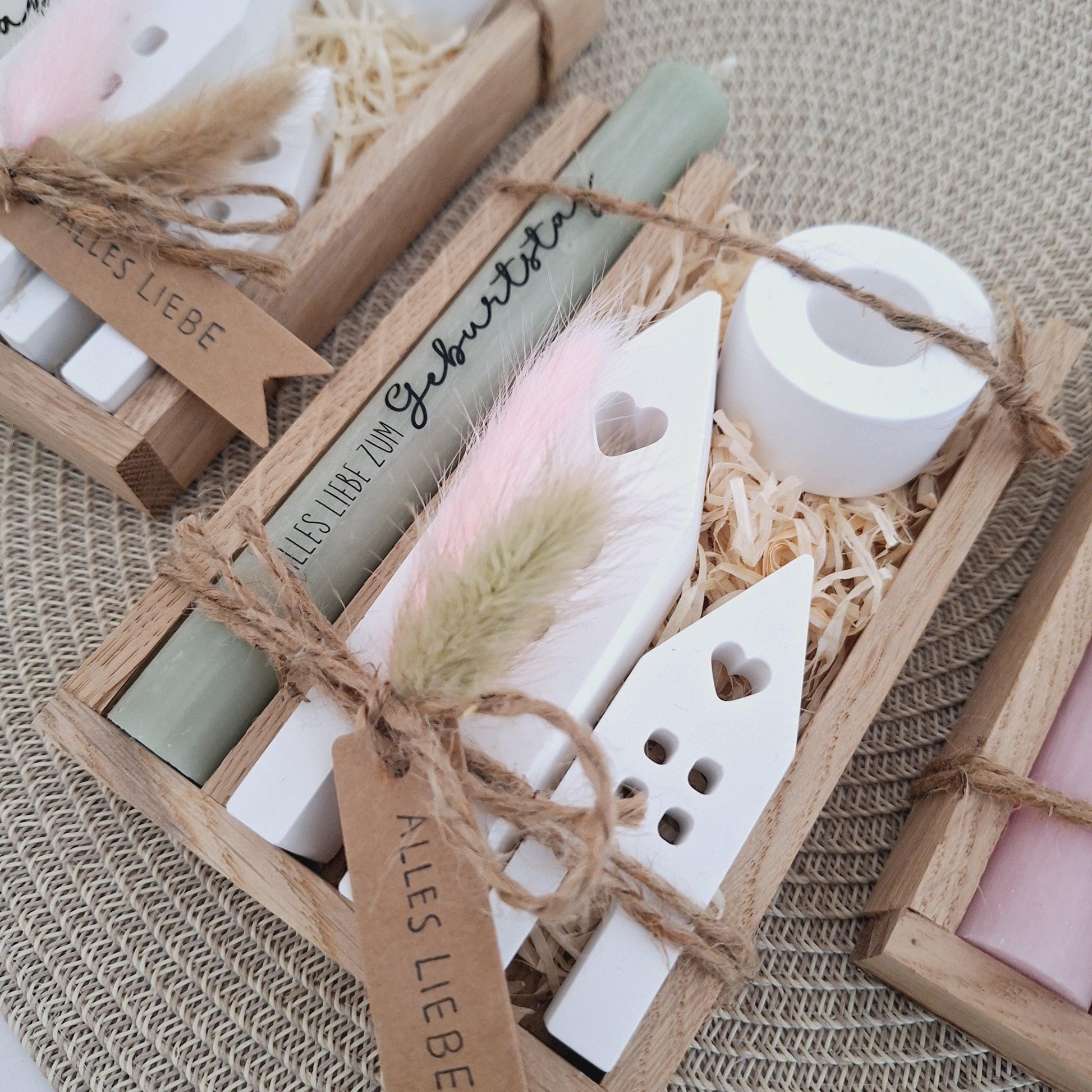 Geburtstag Geburtstagsgeschenk Häuser / Lichthäuser Kerzenhalter rund Stabkerze Kerzenbox Holzbox Mitbringsel