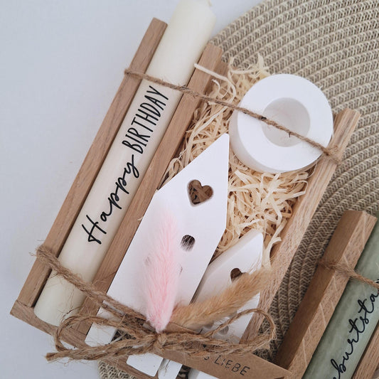 Geburtstag Geburtstagsgeschenk Häuser / Lichthäuser Kerzenhalter rund Stabkerze Kerzenbox Holzbox Mitbringsel