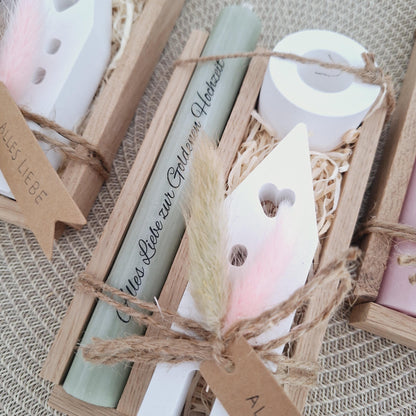 Goldene Hochzeit Geschenk zum 50. Hochzeitstag Haus / Lichthaus Kerzenhalter rund Stabkerze Kerzenbox Holzbox Mitbringsel