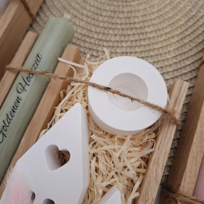 Goldene Hochzeit Geschenk zum 50. Hochzeitstag Häuser / Lichthäuser Kerzenhalter rund Stabkerze Kerzenbox Holzbox Mitbringsel