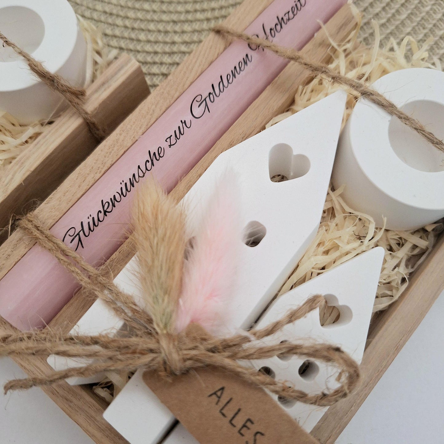Goldene Hochzeit Geschenk zum 50. Hochzeitstag Häuser / Lichthäuser Kerzenhalter rund Stabkerze Kerzenbox Holzbox Mitbringsel