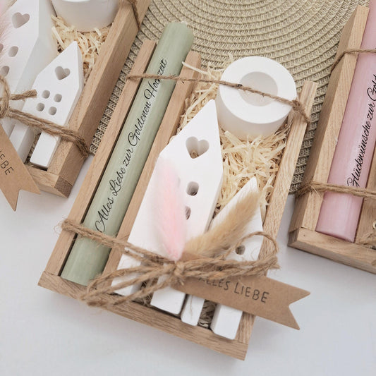 Goldene Hochzeit Geschenk zum 50. Hochzeitstag Häuser / Lichthäuser Kerzenhalter rund Stabkerze Kerzenbox Holzbox Mitbringsel