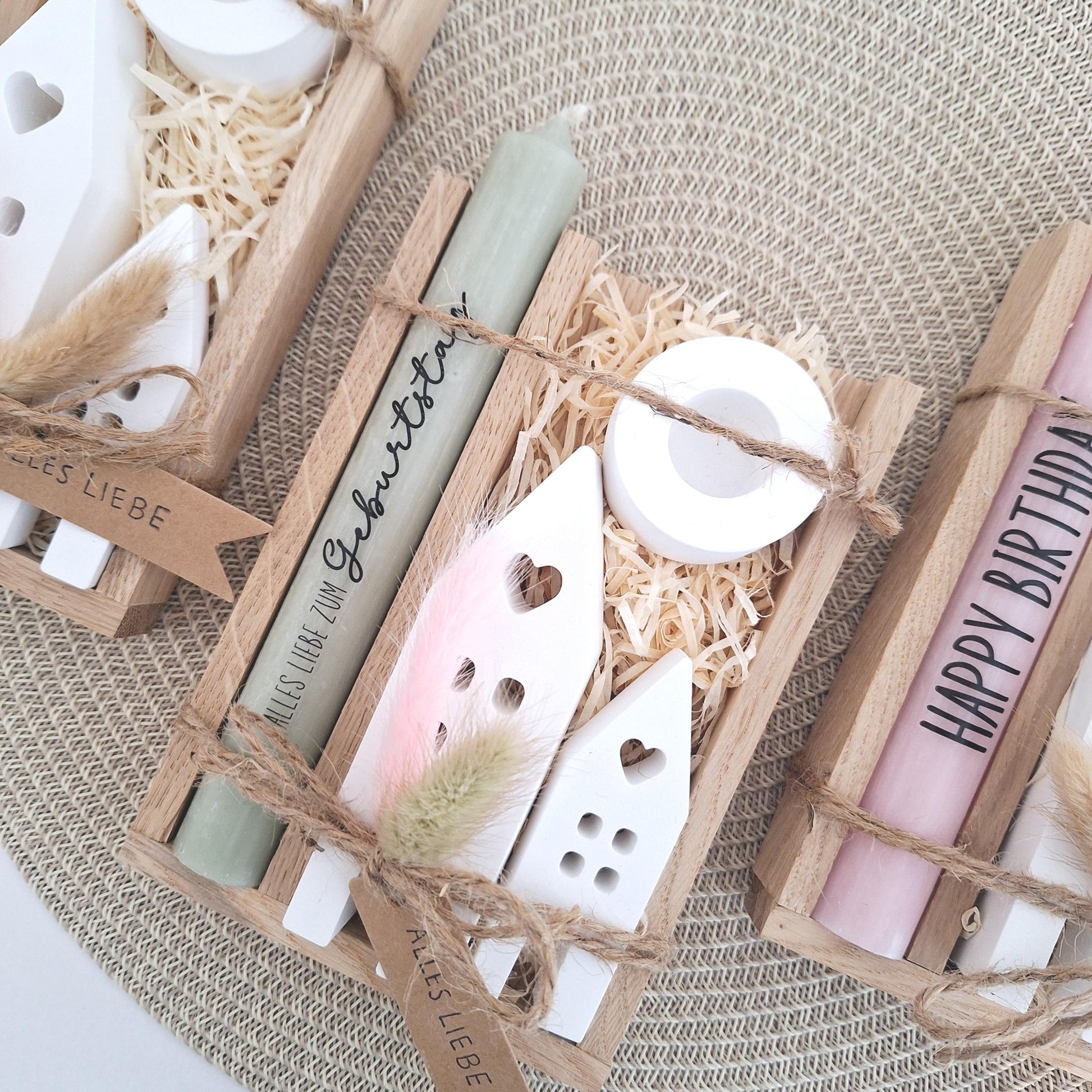 Geburtstag Geburtstagsgeschenk Häuser / Lichthäuser Kerzenhalter rund Stabkerze Kerzenbox Holzbox Mitbringsel