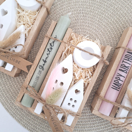 Geburtstag Geburtstagsgeschenk Häuser / Lichthäuser Kerzenhalter rund Stabkerze Kerzenbox Holzbox Mitbringsel
