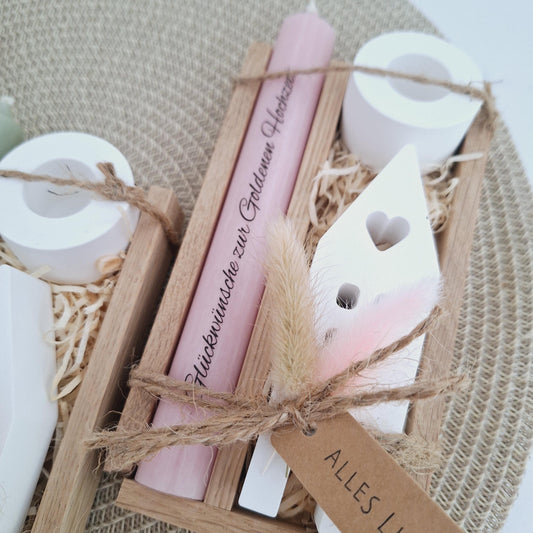 Goldene Hochzeit Geschenk zum 50. Hochzeitstag Haus / Lichthaus Kerzenhalter rund Stabkerze Kerzenbox Holzbox Mitbringsel