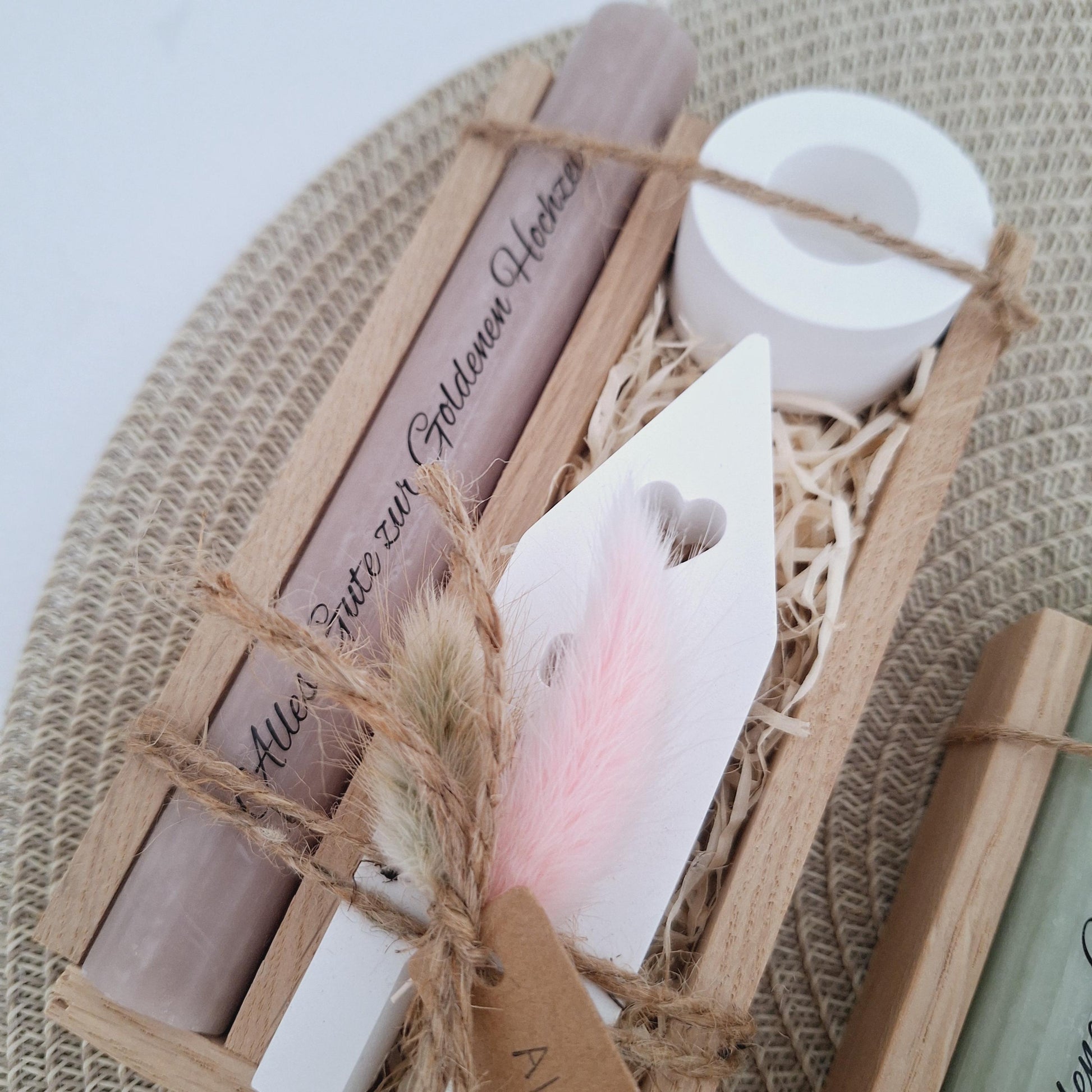 Goldene Hochzeit Geschenk zum 50. Hochzeitstag Haus / Lichthaus Kerzenhalter rund Stabkerze Kerzenbox Holzbox Mitbringsel