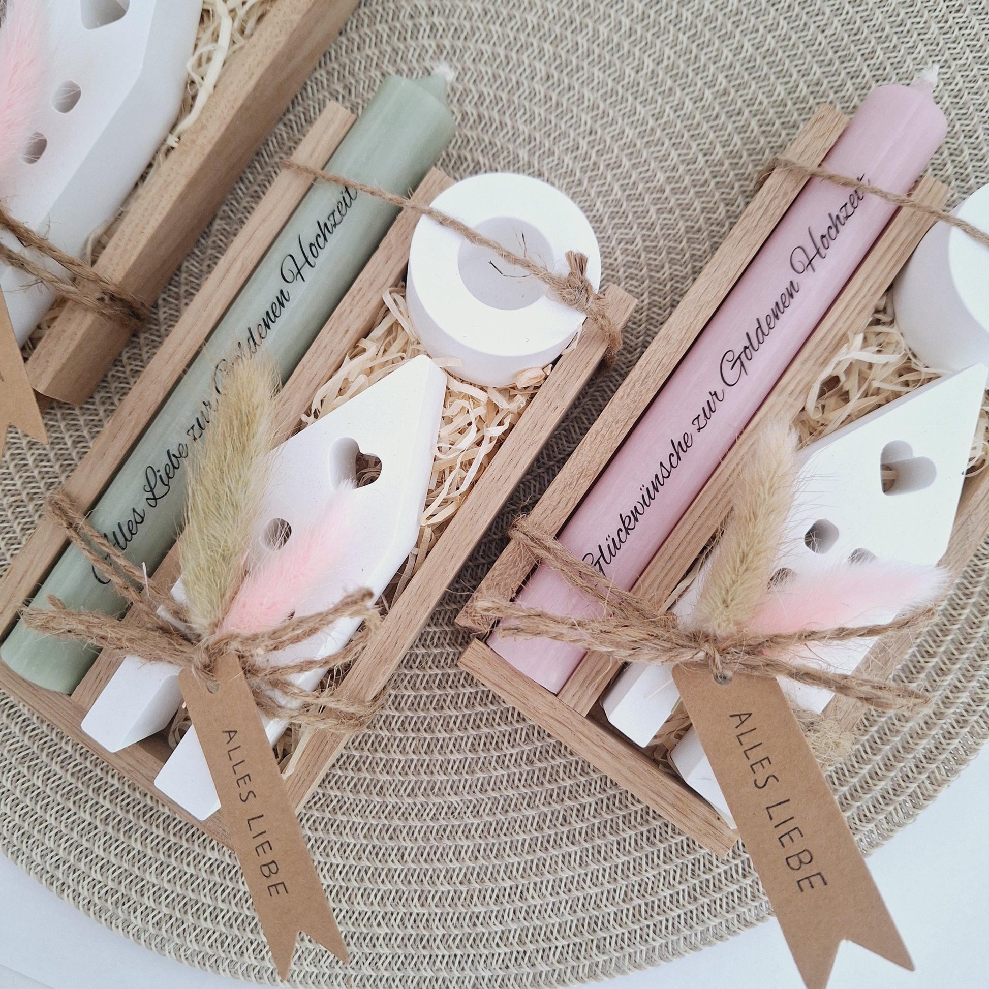 Goldene Hochzeit Geschenk zum 50. Hochzeitstag Haus / Lichthaus Kerzenhalter rund Stabkerze Kerzenbox Holzbox Mitbringsel