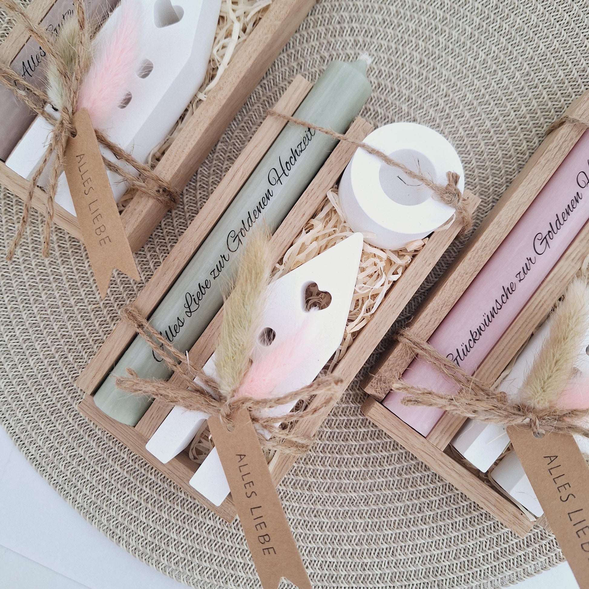 Goldene Hochzeit Geschenk zum 50. Hochzeitstag Haus / Lichthaus Kerzenhalter rund Stabkerze Kerzenbox Holzbox Mitbringsel