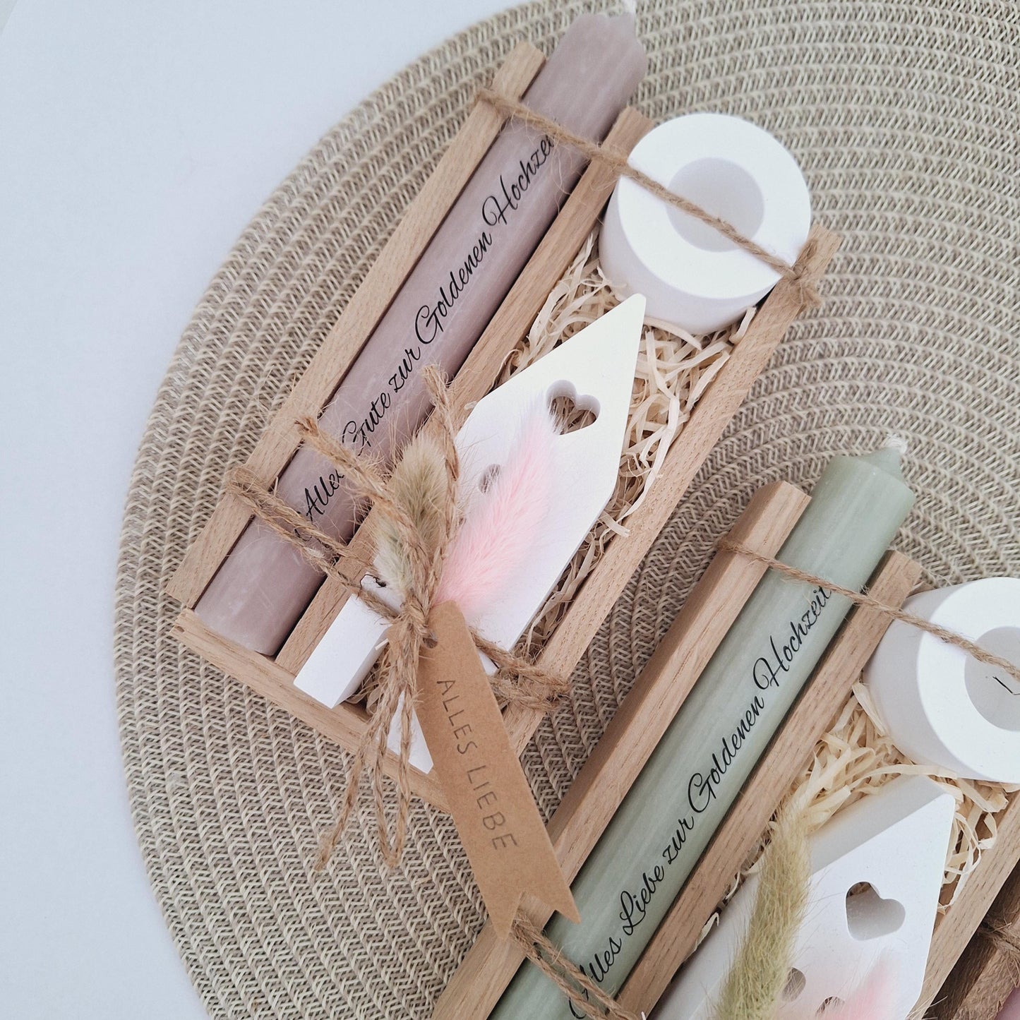 Goldene Hochzeit Geschenk zum 50. Hochzeitstag Haus / Lichthaus Kerzenhalter rund Stabkerze Kerzenbox Holzbox Mitbringsel