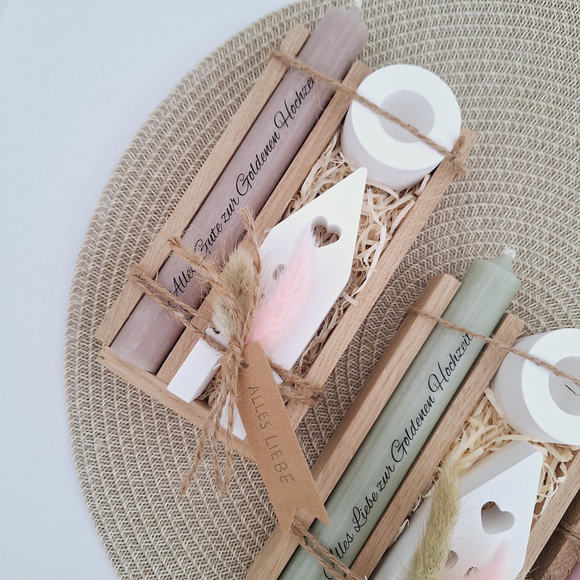Goldene Hochzeit Geschenk zum 50. Hochzeitstag Haus / Lichthaus Kerzenhalter rund Stabkerze Kerzenbox Holzbox Mitbringsel