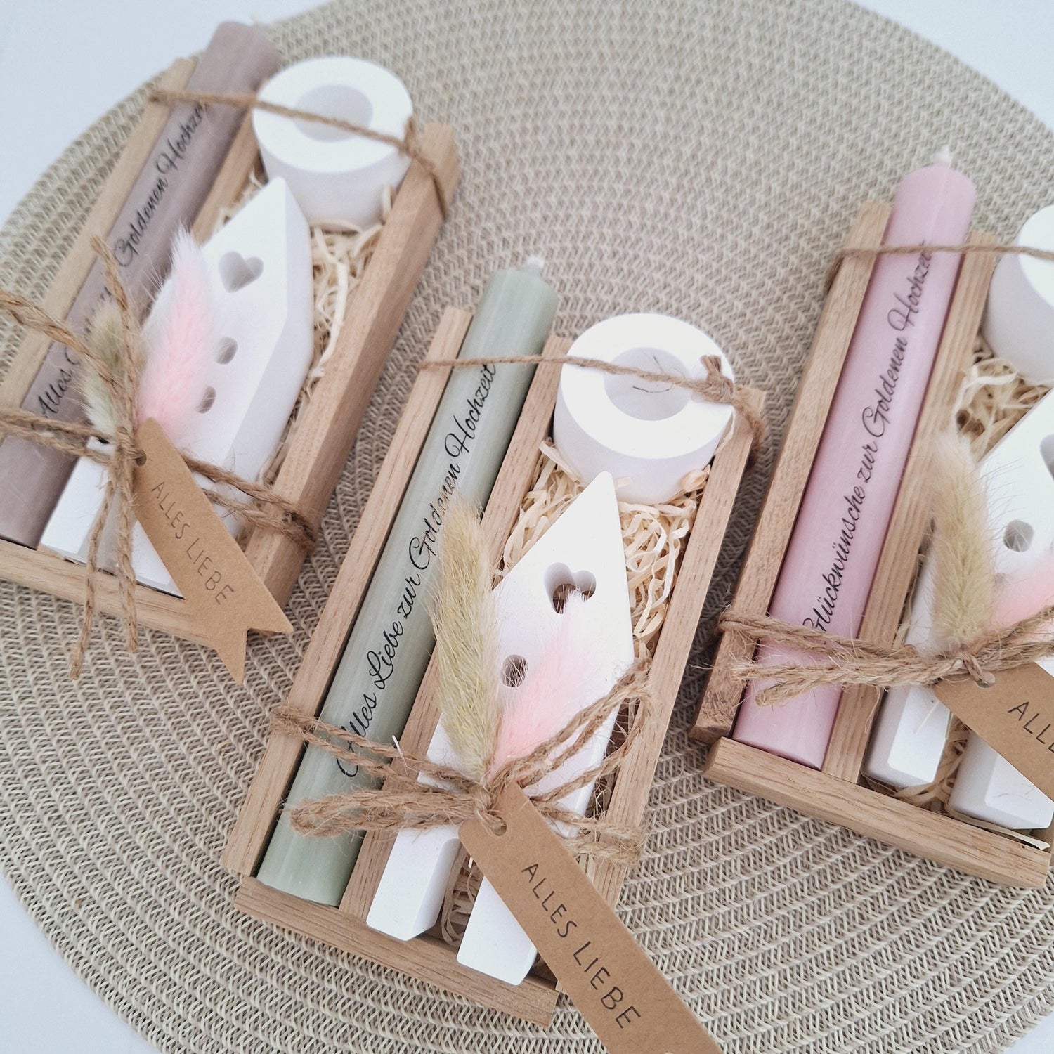 Goldene Hochzeit Geschenk zum 50. Hochzeitstag Haus / Lichthaus Kerzenhalter rund Stabkerze Kerzenbox Holzbox Mitbringsel