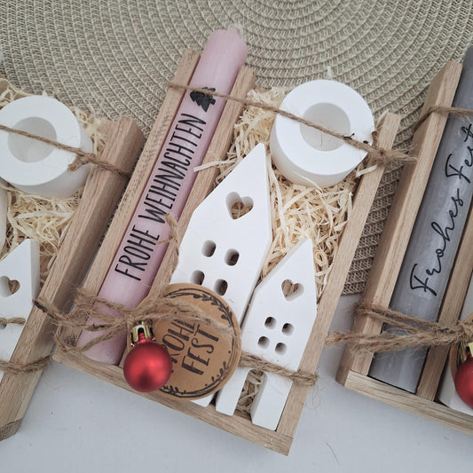 Weihnachten Geschenkset Weihnachtsgeschenk Häuser / Lichthäuser Kerzenhalter rund Wichtelgeschenk Kerzenset Wichteln Nikolaus Advent